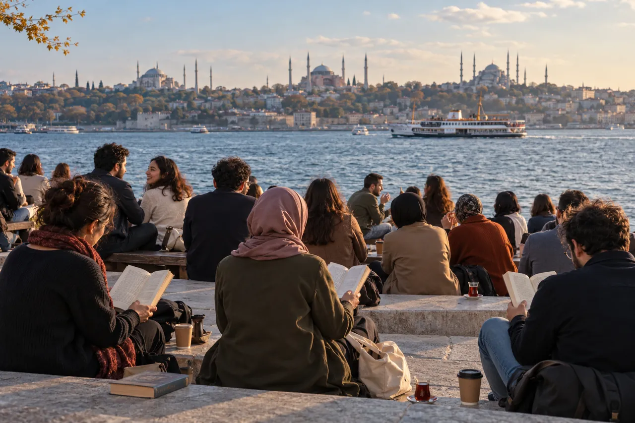 İstanbul kıyısında kitapları ve kahveleriyle yan yana oturan kalabalık bir arkadaş grubunu gösteren temsili görsel