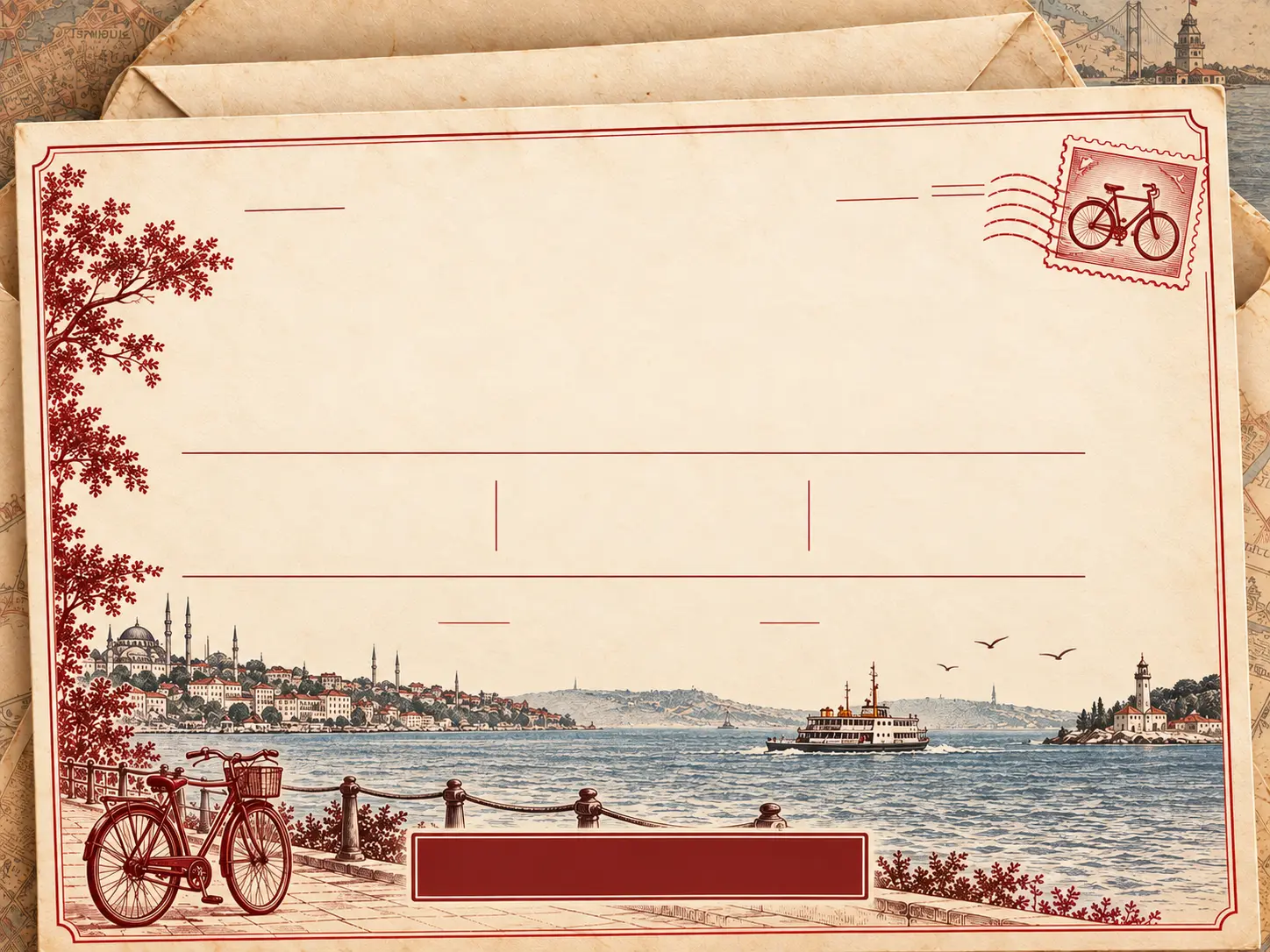 Vapur ve bisiklet çizimli nostaljik davetiye kartpostalı