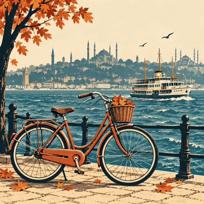 İstanbul sahilinde kırmızı bisiklet ve vapur illüstrasyonu