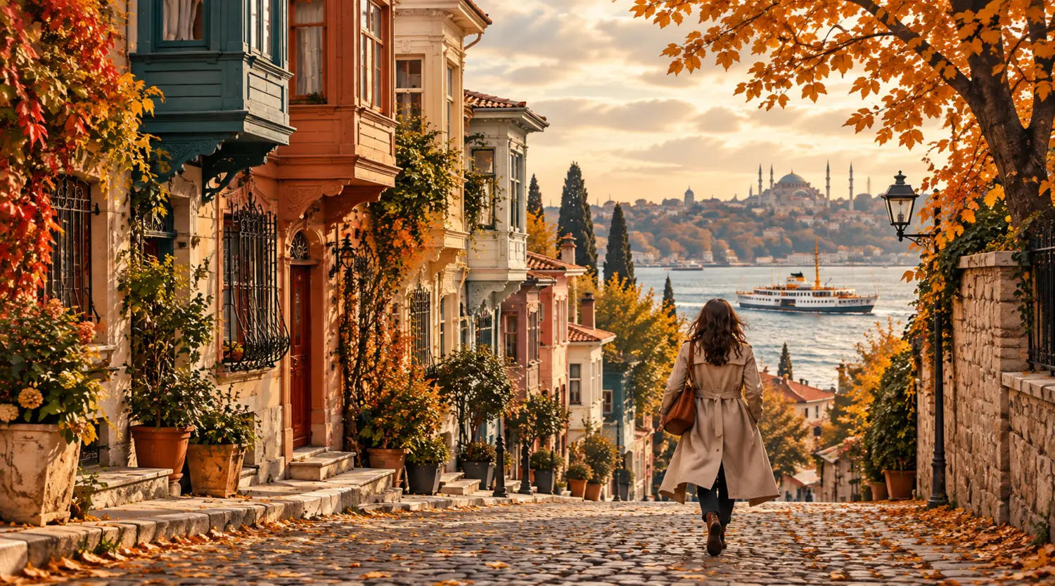 Sonbaharda trençkotla İstanbul sokaklarında yürüyen gezgin illüstrasyonu