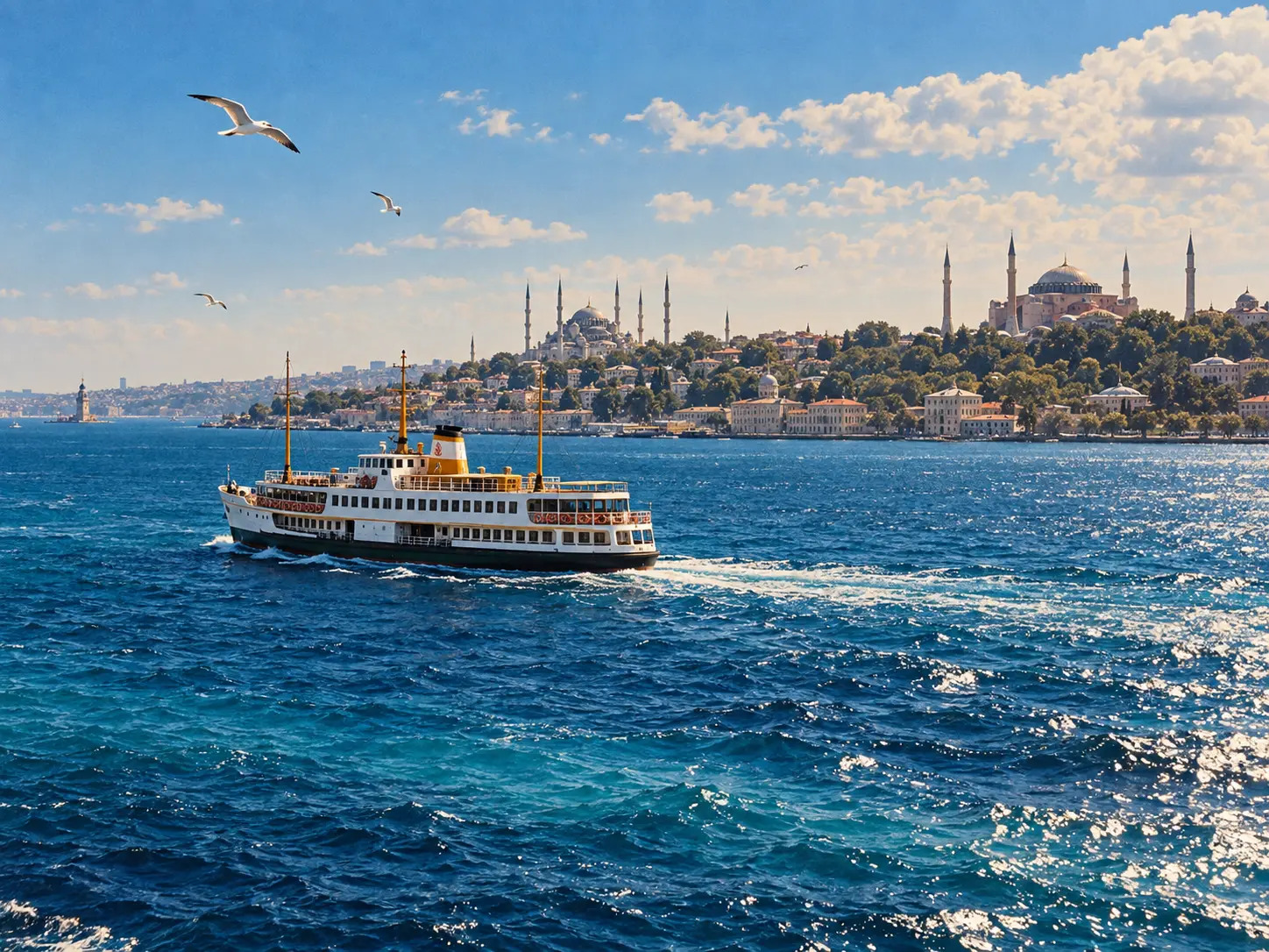 Mavi sularda ilerleyen İstanbul vapuru illüstrasyonu